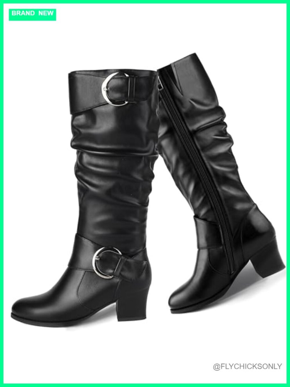 Women's Knee High Slouch Boots Round Toe Buckle Block Mid Heel Riding Boots